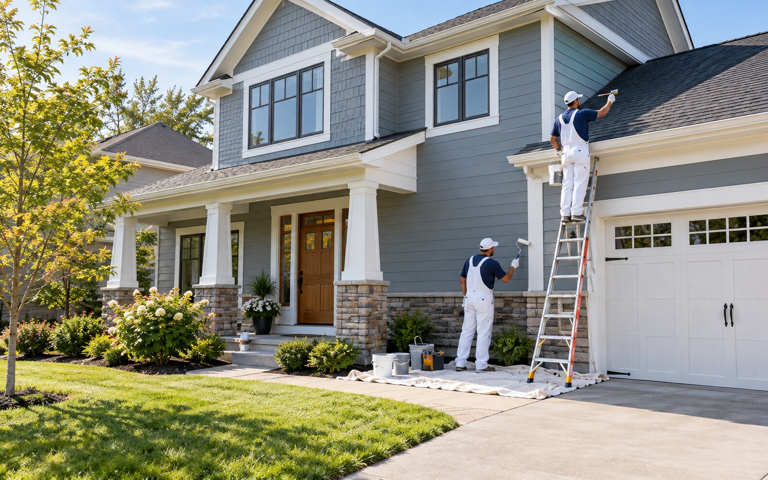Professional painters refreshing the exterior of a residential home