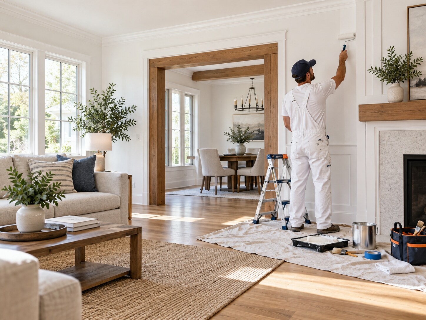A contractor completing a carefully renovated living room